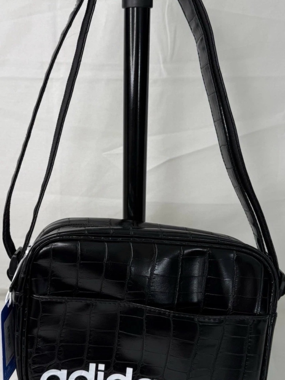 Adidas Originals Black Crocodile Embossed Shoulder Bag Zip Closure Logo Accent